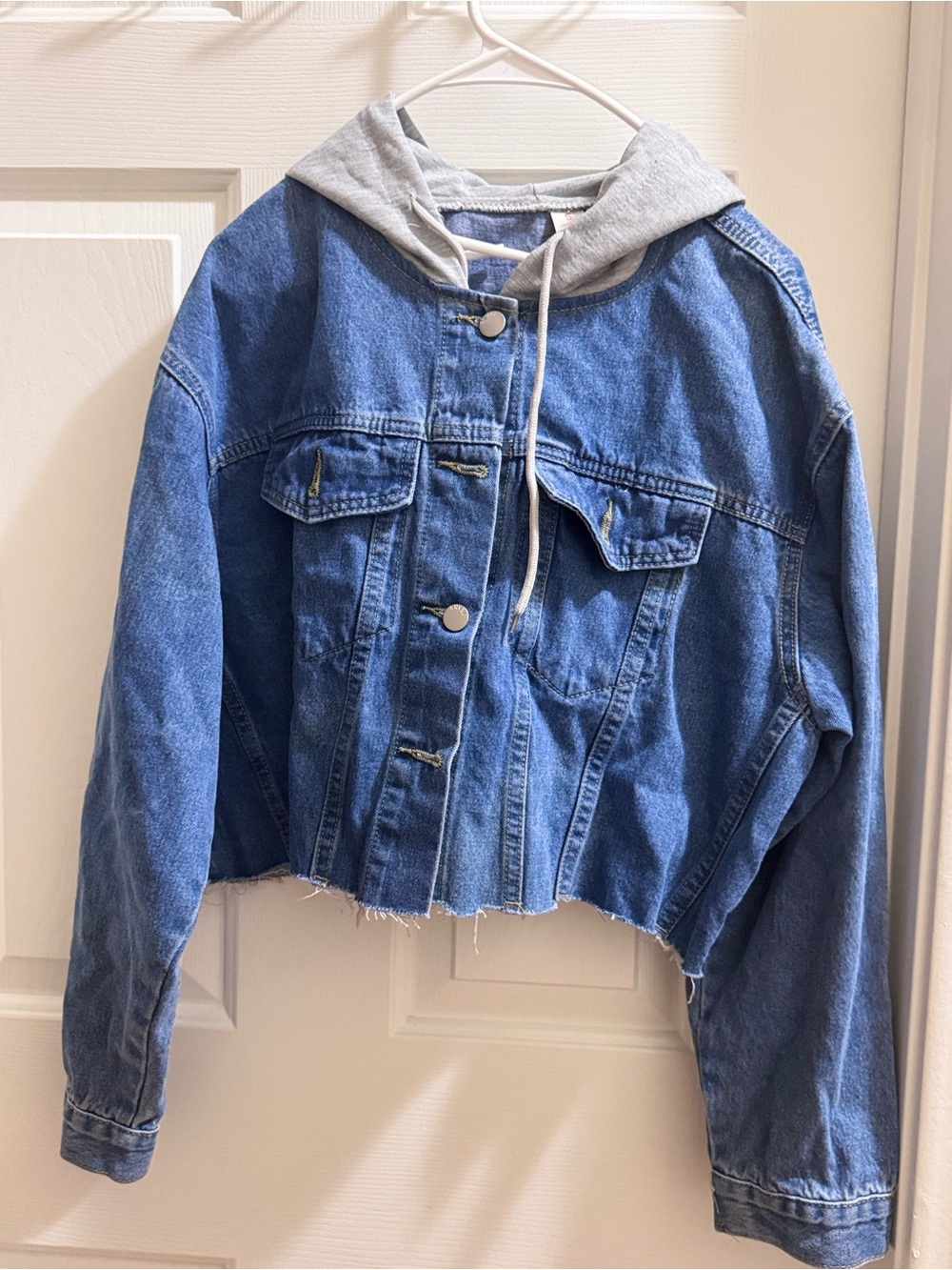 Cropped Blue Denim Jacket with Grey Hoodie Insert